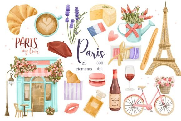 Download Watercolor Paris Love Clipart Set - Clipart Collection