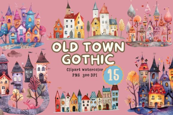 Download Old Town Gothic Watercolor Clipart PNG - Clipart Collection
