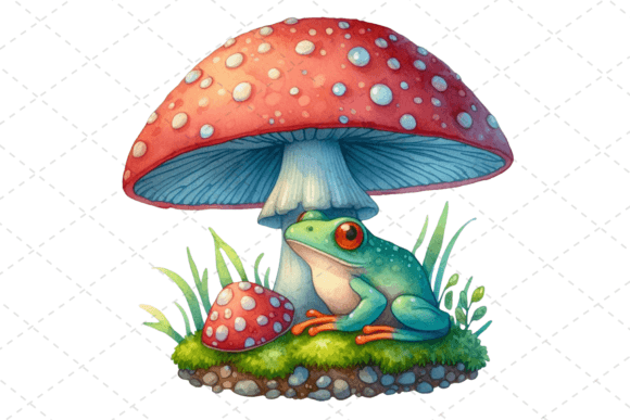 Download Watercolor Frog Under a Mushroom Clipart - Clipart Collection