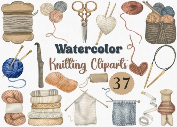 Download Watercolor Knitting Clipart Set, 37 PNG - Clipart Collection