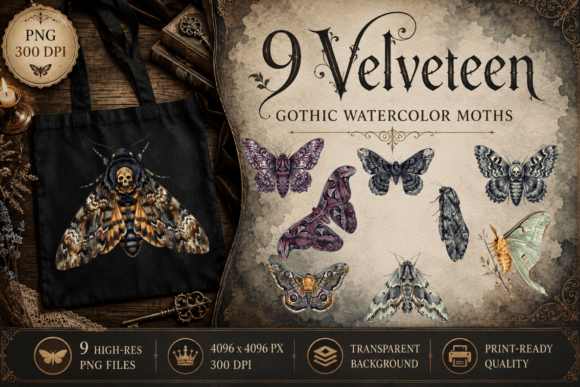 Download Goth Velveteen Moths Watercolour Clipart - Clipart Collection